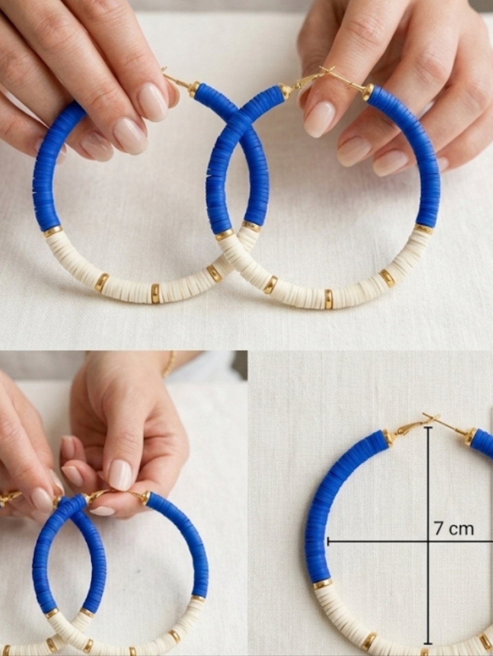 Bold Blue and Cream Hoop Earrings with Gold Accents - Picture 7 of 9